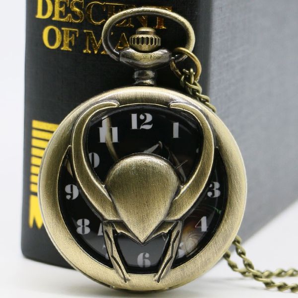 

loki costume bronze vintage pendant pocket watch relogio de bolso quartz watch with necklace chain gift box, Slivery;golden