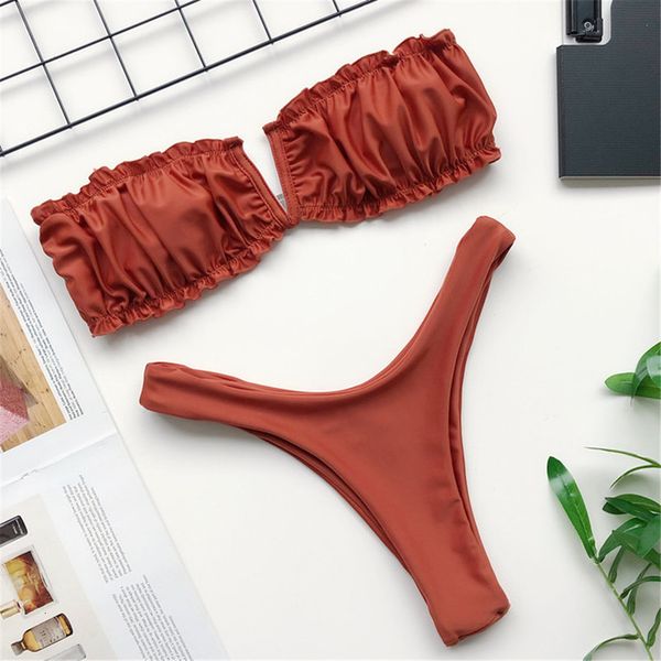 

pleated bandeau bikini high leg cut swimsuit female swimwear women two pieces spandex bikini set bather bathing suit swim wear k1833, White;black