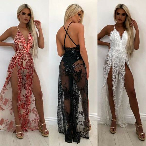 

fashion womens lace dress sheer long dress sleeveless deep v neck summer evening party dress for female, Black;gray