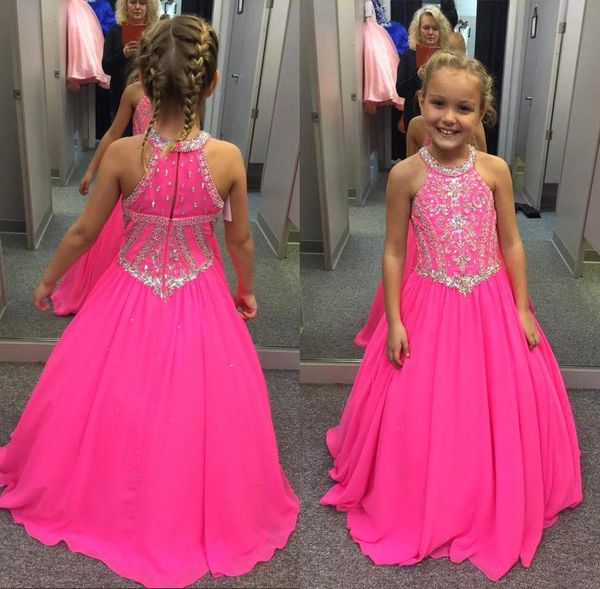 

fuchsia little girls pageant dresses beaded crystals a line halter neck kids toddler flower prom party gowns for weddings custom made, White;red