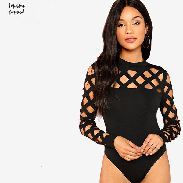 

bodysuit solid mock out шейных solid geo cut тощий черный женщин осень с длинным рукавом sexy body офиса женский основные bodysuits, Black;white