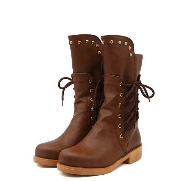 

mid-calf boots 2020 fashion female winter boots vintage cross tied women zip for pu leather booties, Black