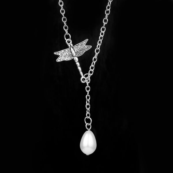 

chains mochun women's fashion jewelry outlander drgonfly crystal pendant necklace simulated pearl choker for women girl-30, Silver