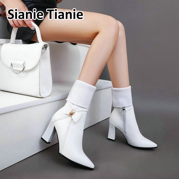 

sianie tianie 2020 new patent pu leather pointed toe block high heels lace-up woman shoes fuschia white women ankle boots bootie, Black