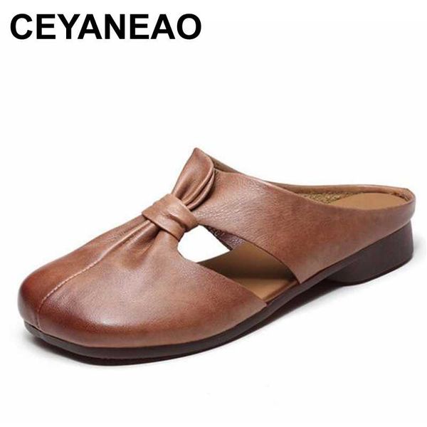 

ceyaneao retro women shoes summer new baotou flat genuine leather slippers women sandals slippers cutouts fashion shoes, Black