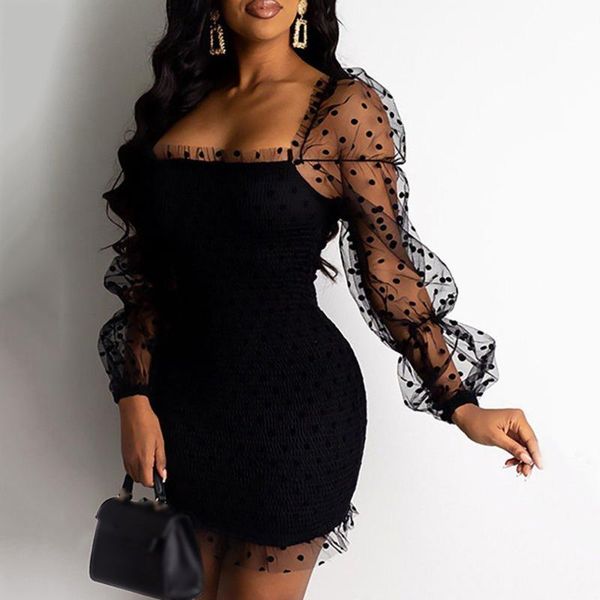 

patchwork perspective mesh sleeve dress women fashion bodycon mini dress women long puff sleeve dresses womens vestidos#z30, Black;gray