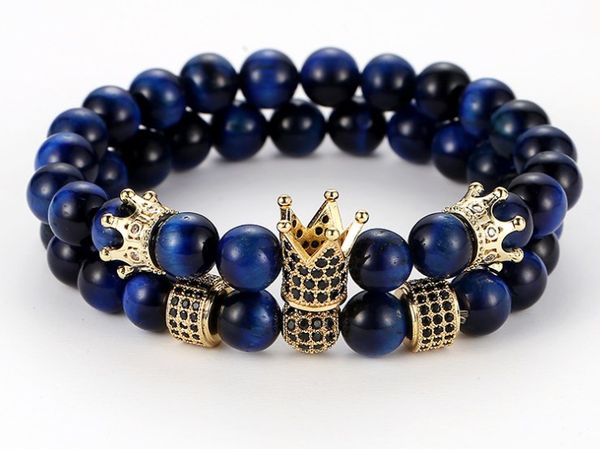 

8mm 2pcs/set vcg43 elastic adjusted nature blue tigereye bead micro pave cz zircon cubic zirconia crown bracelet, Black