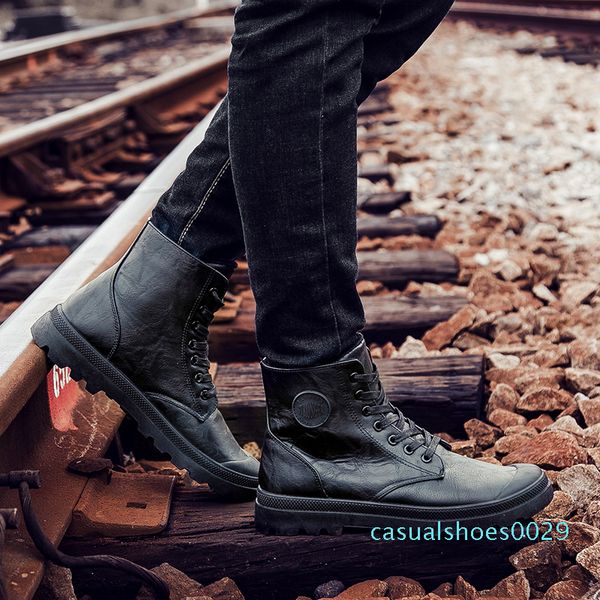 

spring faux leather casual shoes lace-up fall ankle boots chic skate sneakers retro plimsolls men fashion shoes c29, Black