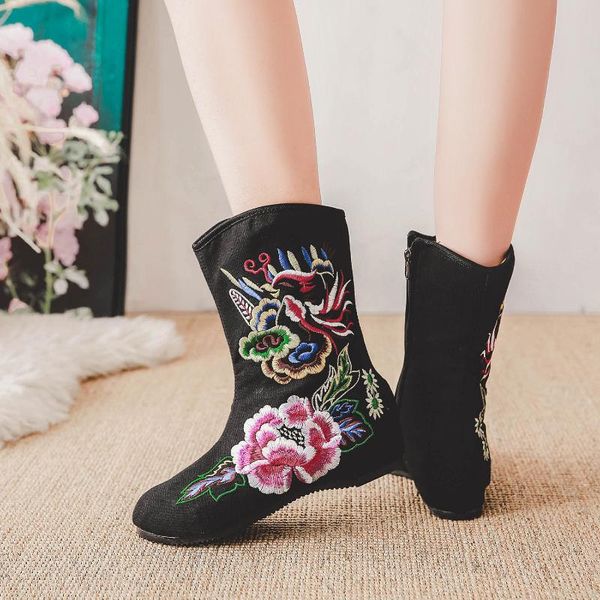 

new autumn winter ethnic wedges embroidered boots elegant flower height increasing luxury embroider ladies short boots, Black