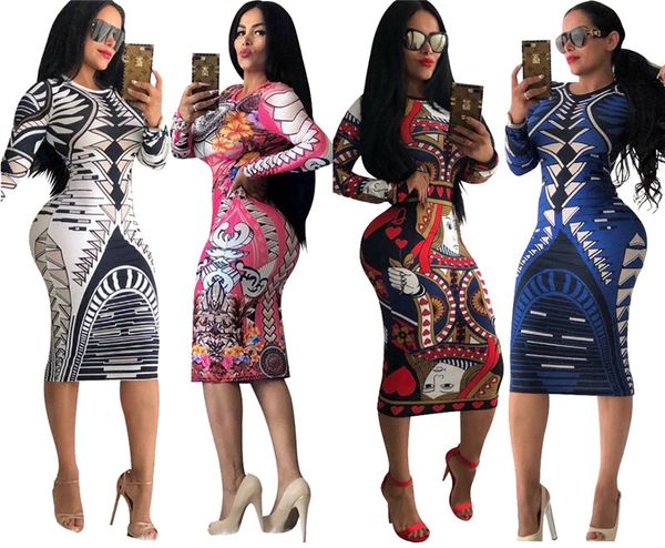 

красочная печать сексуальное платье карандаша женщины scoop шеи с длинным рукавом клуб партии свадебные платья элегантный slim fit платья до, Black;gray