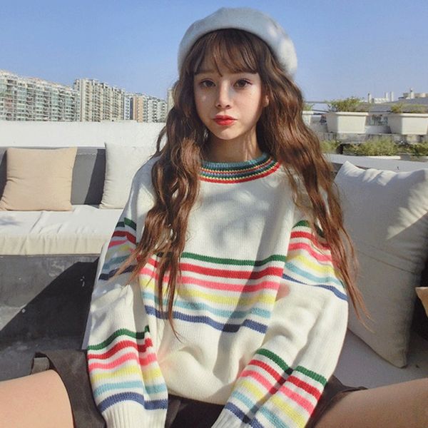 

100% brand new loose casual sweater long sleeve o-neck pullover striped sweaters knitted new hot, White;black