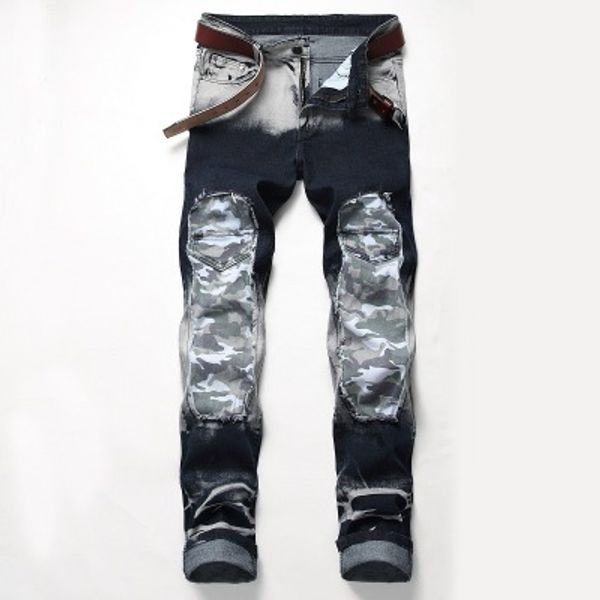 

2019 new men's fashion retro jeans with torn holes and patchwork patches to adorn fashionable stretch trousers for men from europe and, Blue