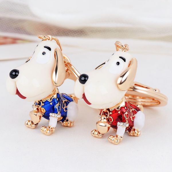 Cão chaveiros chaveiros chaveiros cadeia de strass pingente charme saco de liga de metal jóias para mulheres homens moda fofo animal carro keychain titular azul vermelho