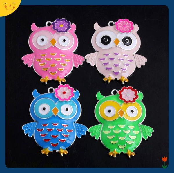 

doluo fashion jewelry 48*42mm 10pcs zice alloy colorful owl enamel pendants for acrylic beads necklace making keychain bracelet charm, Silver
