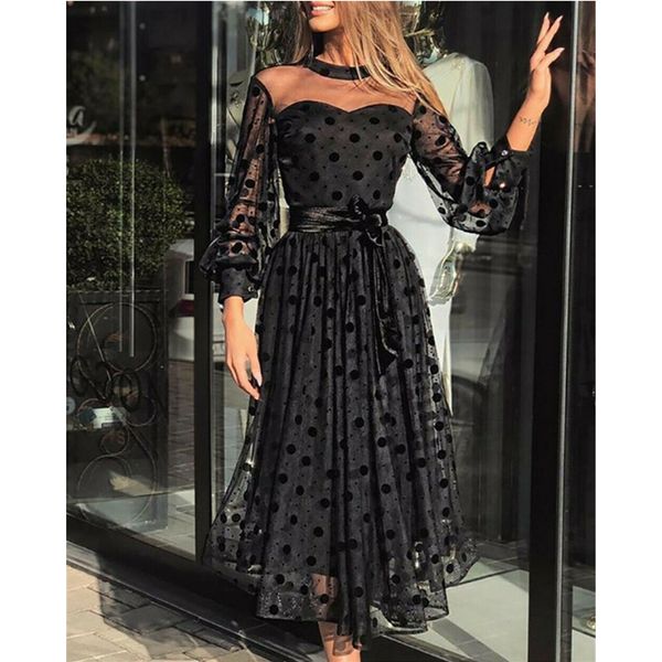 

hirigin women mesh transparent polka dot dresses long sleeve belted casual black long dress summer evening party vestidos, Black;pink