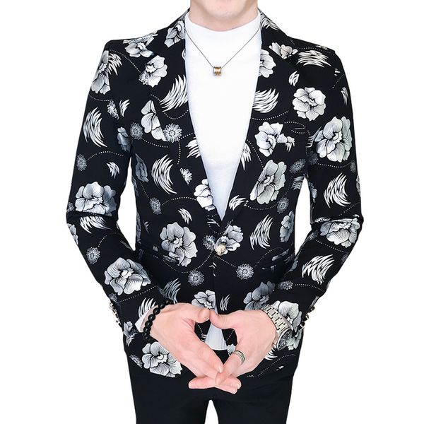 

2019 autumn new flower print mens jacket suit slim fit leisure coat blazer suit male party stage formal jacket outerwear, White;black