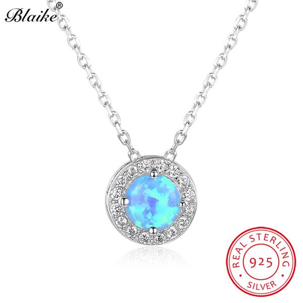 

blaike retro round blue fire opal pendants clavicular chain genuine s925 sterling silver white crystal necklace for women gifts