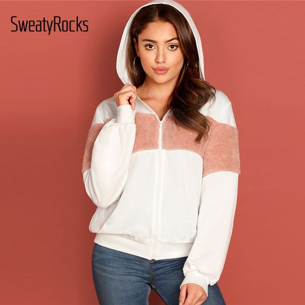 

sweatyrocks white zip up contrast faux fur hoodie long sleeve hooded womens coats 2018 autumn winter casual preppy sweatshirts, Black