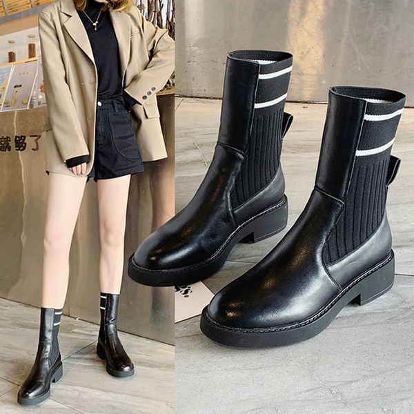 

autumn winter warm women's boots 2019 new plus velvet thickening british leather women boots casual mid-tube booties size 35-40, Black