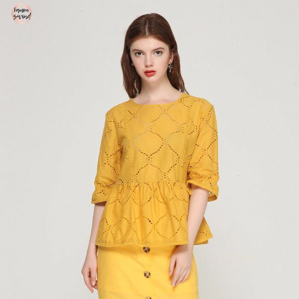 

women blouse la096 hollow out embroidery three quarter sleeve o neck pleated shirt solid ladies casual v neck sweet, White
