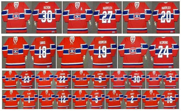 

vintage montreal canadiens jersey 24 chris chelios 22 john ferguson 30 gump worsley 5 bernie geoffrion 3 tremblay 18 serge savard ccm hockey, Black;red