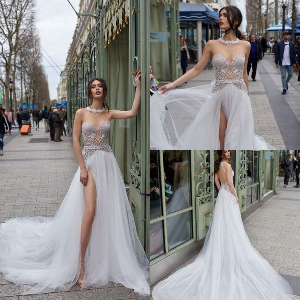 

julie vino 2019 wedding dresses illusion jewel high side split lace appliqued bridal gowns backless sweep train a-line beach wedding dress, White