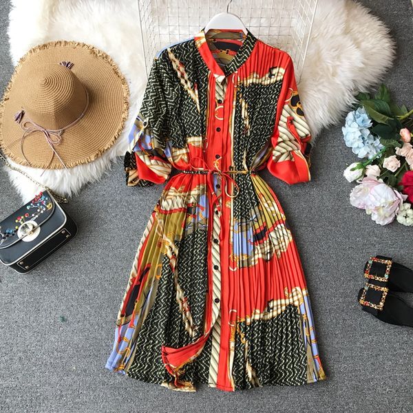 

2020 a line red spring ladies chiffon loose printed pleated women dresses fashion festival three quarter lantern sleeves knee-length, Black;gray