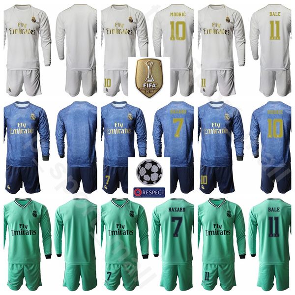 

реал с длинным рукавом джерси набор 2020 футбол 10 kits рубашка лука модрич 11 gareth bale 7 eden hazard 25 виниций младший футбол, Black