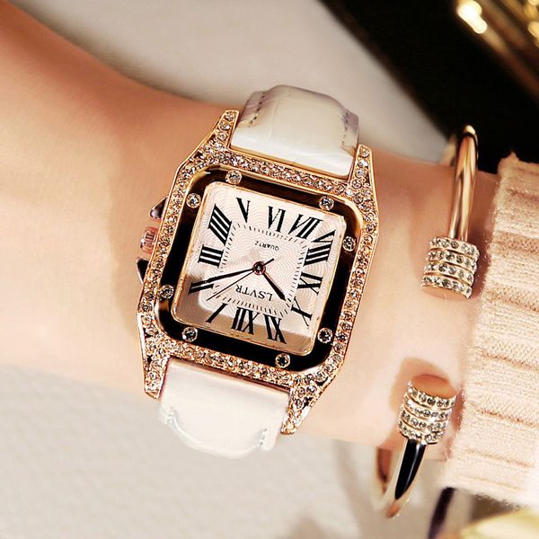 

women square diamond wrist watches for ladies dress crystal quartz clock leather strap bracelet watch zegarek damski, Slivery;brown