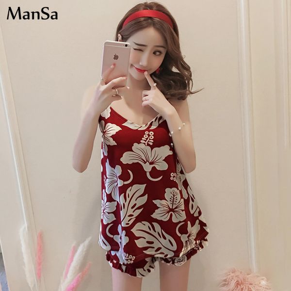 

summer 2019 new girls pijamas mujer women pajama sets sling+short pants home serve lovely sleepwear with chest pad pajamas, Blue;gray