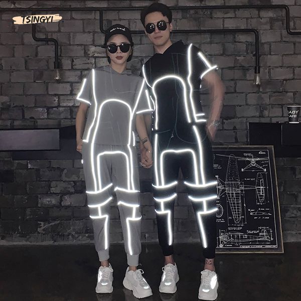 

tsingyi лето 2pcs наборы светоотражающие tracksuit мужчины женщины пары тонкие короткие рубашки + щиколоток брюки мода reflect наборы, Gray