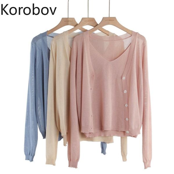 

korobov summer korean new 2 piece set sweaters women knitted v-neck tank thin single breasted cardigans female 78566, White