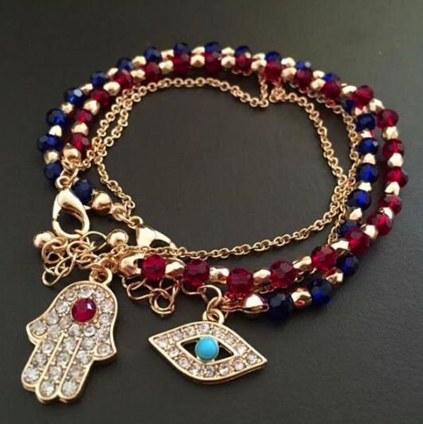 Glod mal charme pulseira olho vermelho e contas azuis com hamsa mão turca cabala mal olho-mão pulseira de Fátima pulseira wy148