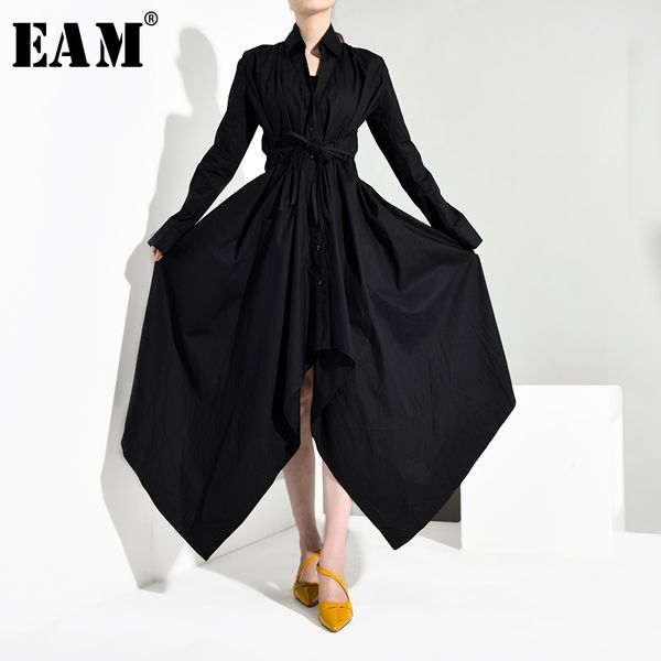 

eam] women black bandage asymmetrical shirt dress new turn-down collar long sleeve loose fit fashion spring autumn 2020 jy7780, Black;pink