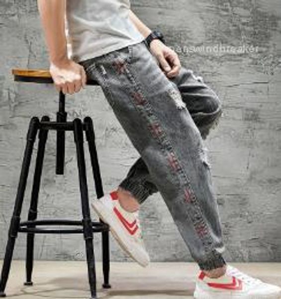 

zipper fly jean male clothing mens designer ripped holes jeans loose distrressed denim pants fit multi pocket, Blue