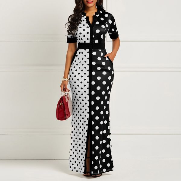 

women designer clothes long sleeve dress african dress vintage polka dot white printed bodycon short sleeve plus size long maxi dress, Black;gray