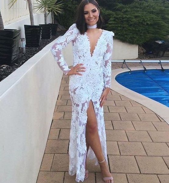 

amazing deep v neck lace wedding dresses long sleeves middle slit mermaid blush train hollow back wedding bridal gowns cheap, White