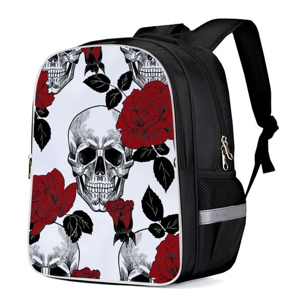 

roses and skulls backpacks school bag child book bag sports bags bottle side pockets school student silver edge