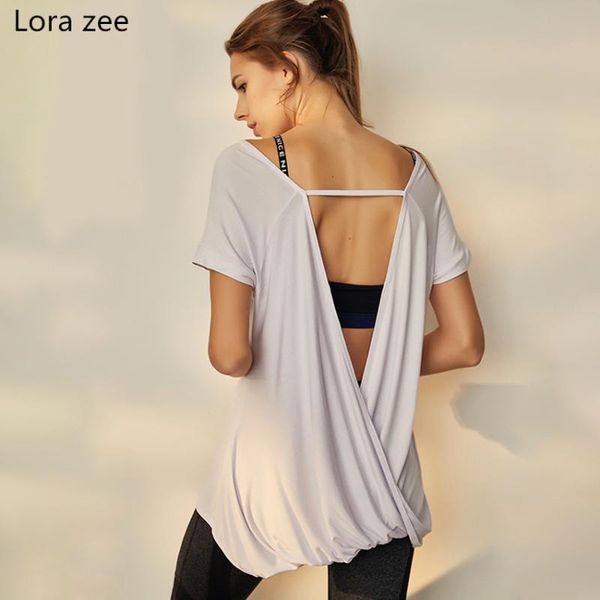 

lora zee knot back workout shirts white yoga open back t-shirt for women running fitness sports short sleeves gym blouses, White;red