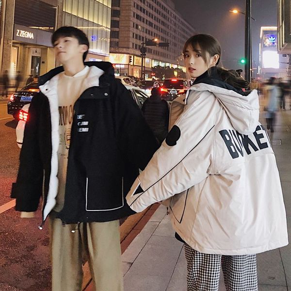 

2018 new lovers winter clothing letter print hit color hooded couple cotton coat cotton shirt black / gray / khaki beige s-2xl