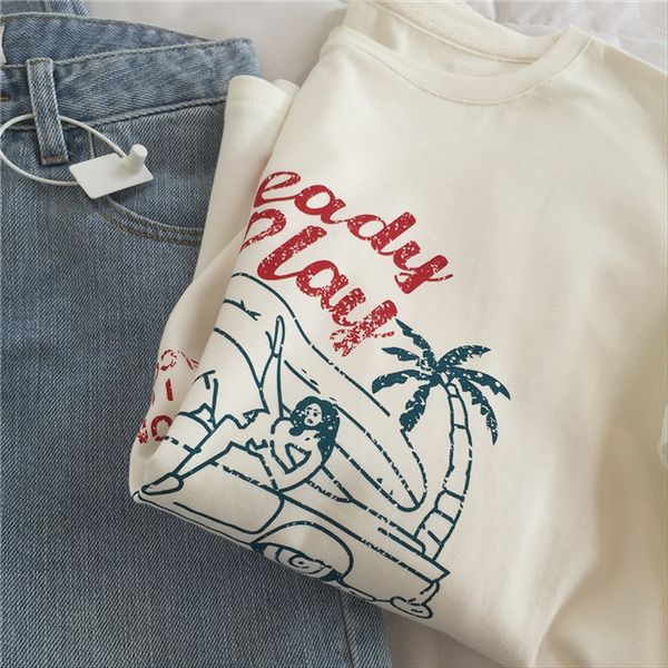 

muzi 2020 summer/ancient wind coconut forest beach surfing girl hand-painted cartoon t-shirt women's short sleeves, White