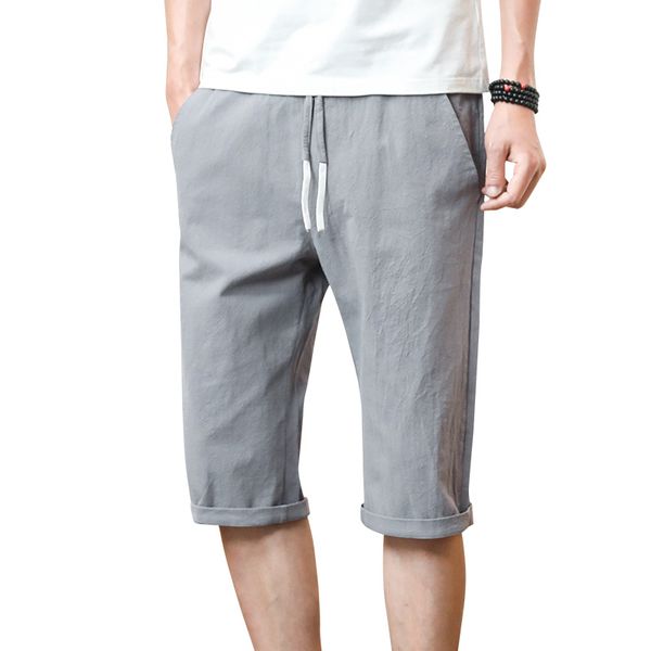 

cotton linen men's harem pants fashion casual elastic waist joggers pants men calf-length lightweight harajuku male trousers, Black