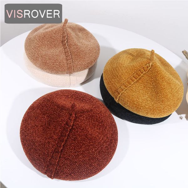 

visrover 2018 9 colors new autumn winter warm solid chenille beret with lacework female bonnet vintage caps winter, Blue;gray