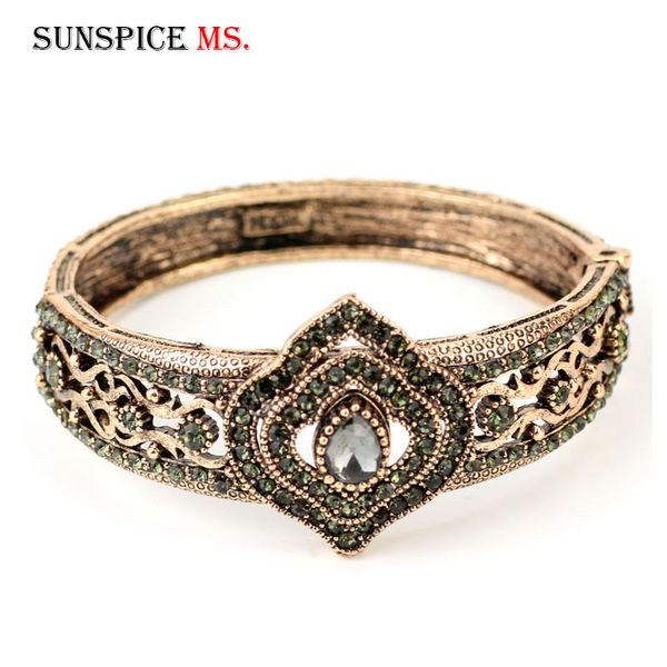 

sunspicems vintage bangle turkish for women grey crystal flower banquet jewelry antique gold color wedding jewelry, Black