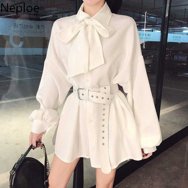 

neploe 2020 spring medium-long blouse shirt belt slim women elegant single breasted turn down collar bow tie blusas 57148, White