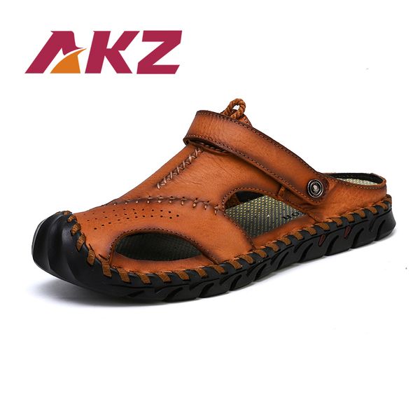 

akz men's sandals 2019 summer beach flip flops genuine leather breathable soft comfortable light male flat shoes leisure shoe, Black