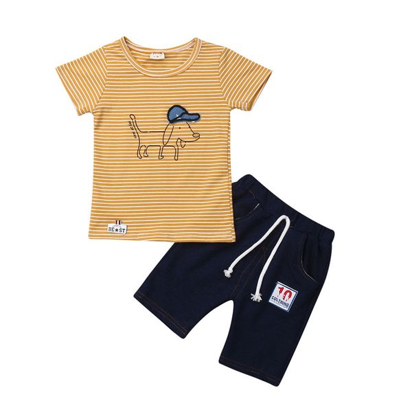 

fashion toddler kids baby boy summer 2pcs sets striped dog tops t-shirt+lace-up denim shorts outfits boy cotton clothes 9m-4y, White
