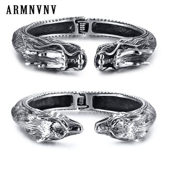 

armnvnv bulky wild wolf chinese leopard dragon head bangle for men punk stainless steel cuff bracelets animal jewelry, Black