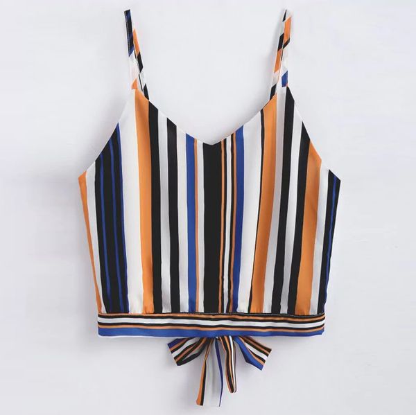 

fashion summer women's lady self tie back v neck vest female striped comfortable stripe floral crop cami camisole e45, White