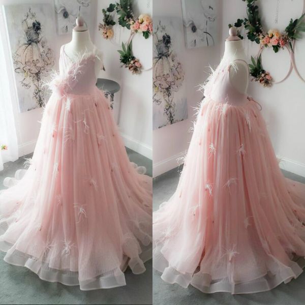 

2020 long pink flower girls dresses for boho wedding spaghetti a line tulle feather kids pageant dress custom made first communion gowns, White;blue